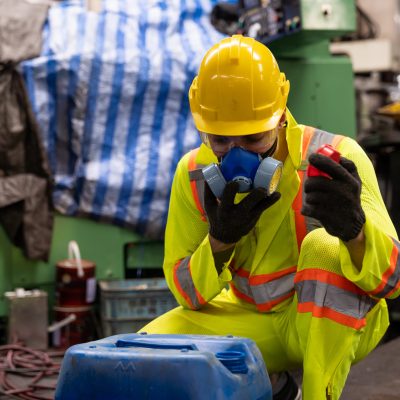 Factory,Male,Worker,Wear,Safety,Uniform,And,Safety,Gas,Mask